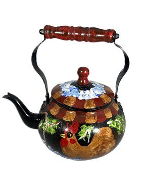 J. M. Stroud Black with Rooster Hand Painted Teapot with Lid, 2008